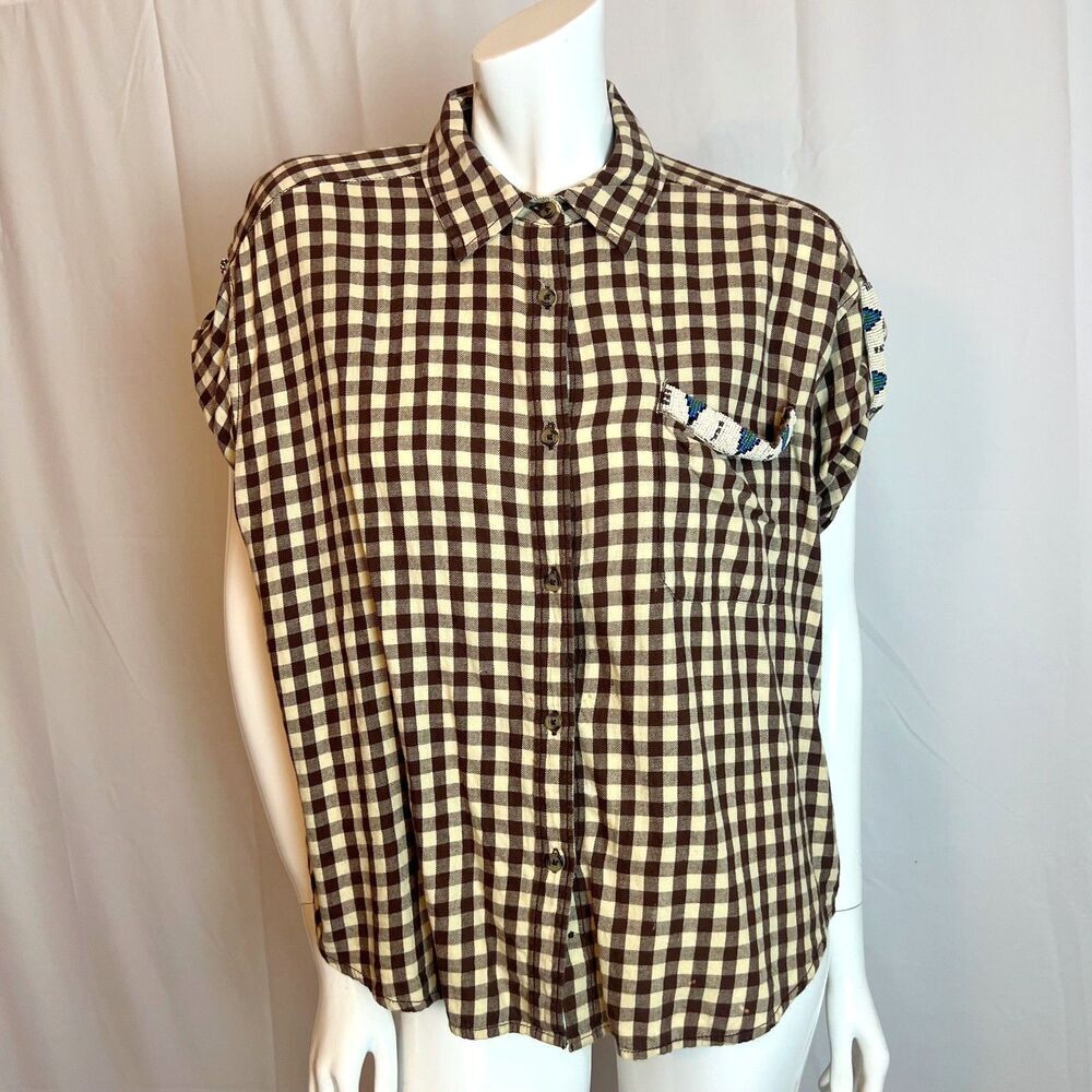 Vintage Ralph Lauren Denim & Supply Gingham Blouse Beaded Women's Size M